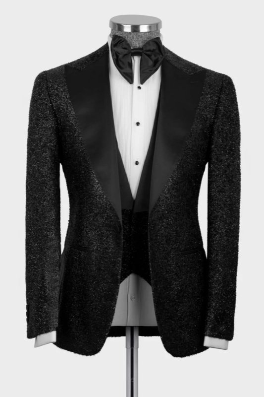 Tim Black Sequins Peaked Lapel Three Pieces Prom Suits For Men 