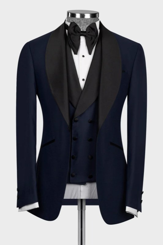 Eric Dark Navy Shawl Lapel Three Pieces Wedding Men Suits 