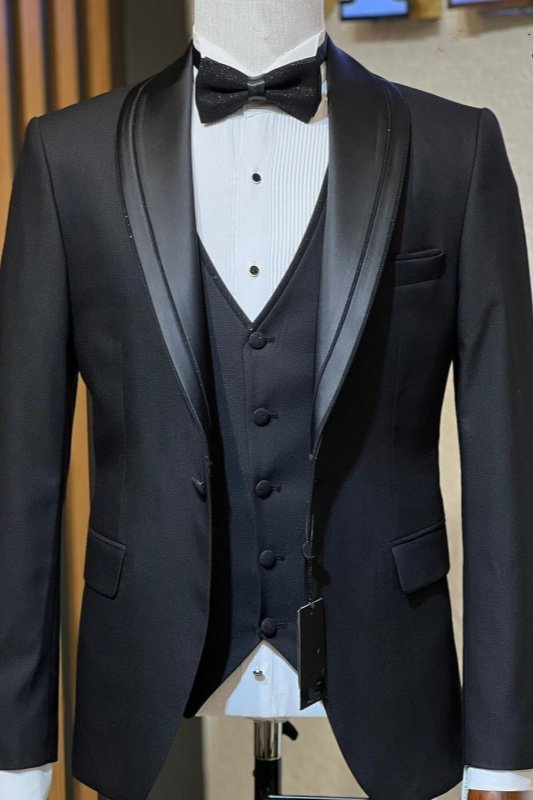 John Chic Black Shawl Lapel Three Pieces Wedding Men Suits