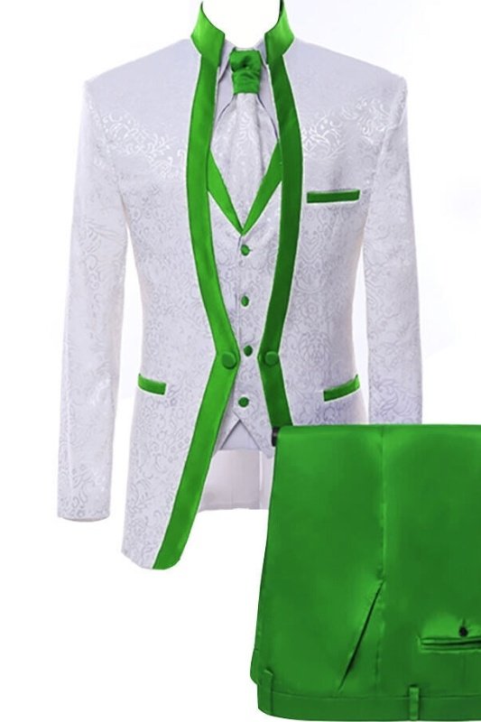 Bartley White Jacquard Three Pieces Wedding Men Suits With Green Shawl Lapel