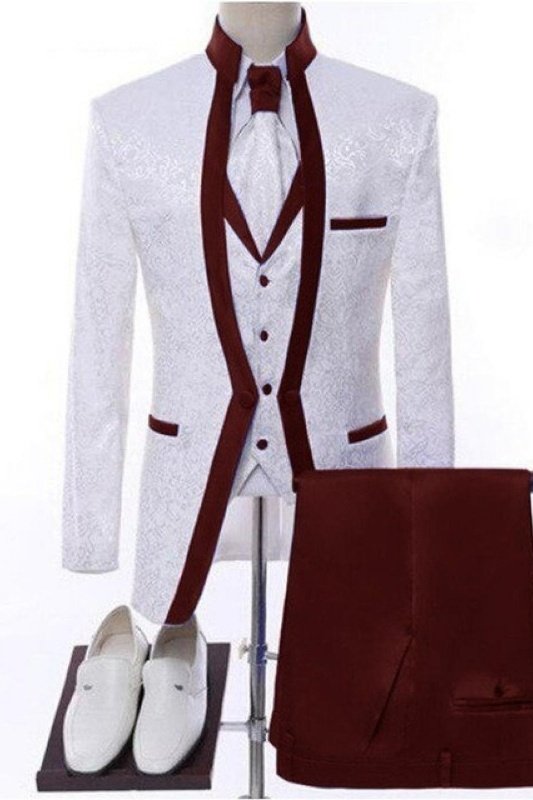 Carter White Jacquard Three Pieces Wedding Men Suits With Burgundy Shawl Lapel