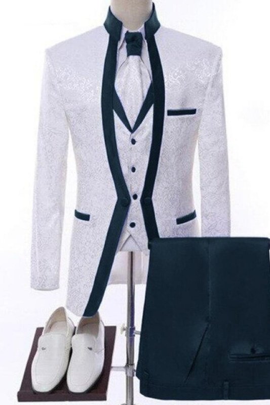 Dean White Jacquard Three Pieces Wedding Men Suits With Navy Blue Shawl Lapel 