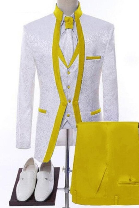 Elijah White Jacquard Three Pieces Wedding Men Suits With Yellow Shawl Lapel 