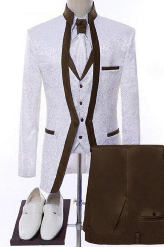 Gerald White Jacquard Three Pieces Wedding Men Suits With Brown Shawl Lapel