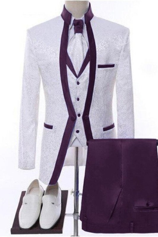 Marico White Jacquard Three Pieces Wedding Men Suits With Purple Shawl Lapel