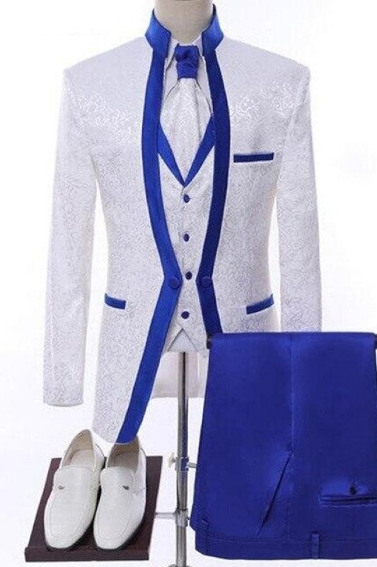 Barton White Jacquard Three Pieces Wedding Men Suits With  Royal Blue Shawl Lapel