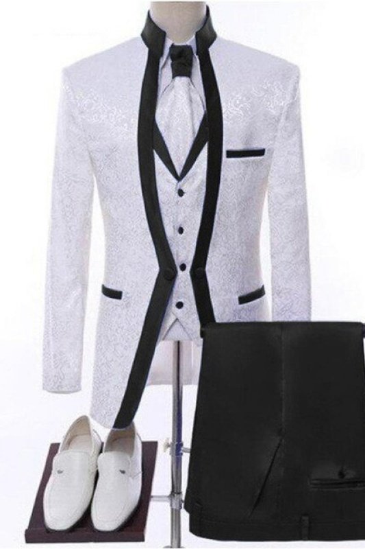 Dempsey White Jacquard Three Pieces Wedding Men Suits With Black Shawl Lapel