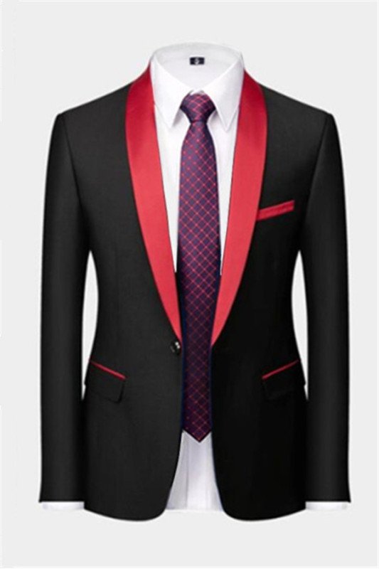 Timothy Black One Button Stylish Wedding Suits with Red Shawl Lapel